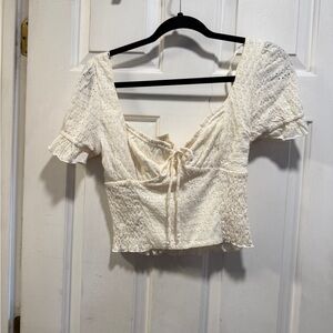 Urban romantics Cream Smocked Tie-Front Crop Top